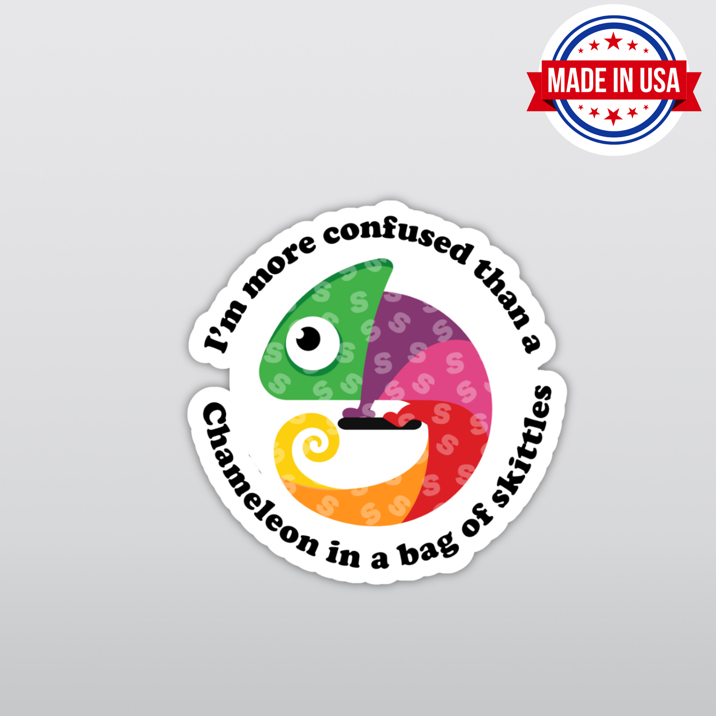 Funny Chameleon Sarcasm Die-Cut Vinyl Sticker - More Confused Than Chameleon in Bag of Skittles