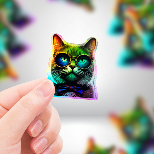 Cat in Bow-Tie & Glasses Holographic Sticker