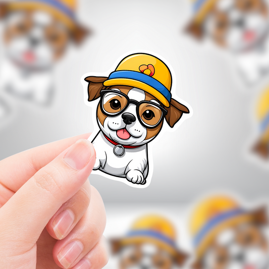 Cute Dog w/Glasses and Hat Sticker - Cute Cartoon Dog Decal for Kids & Adults