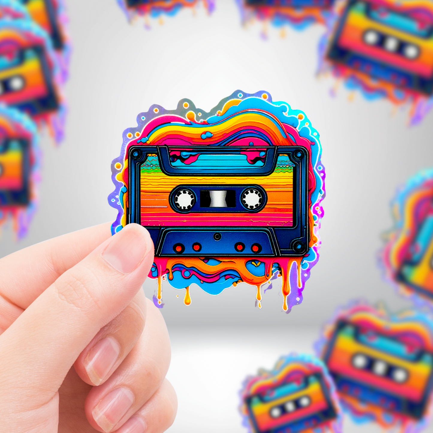 Psychedelic Holographic Dripping Cassette Sticker - For 1970 Hippie Enthusiasts!