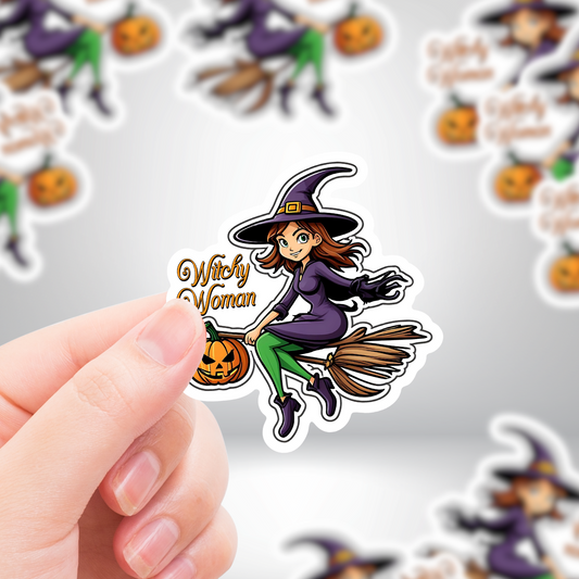 Witch Woman Halloween Sticker - Witch on A Broomstick Flying