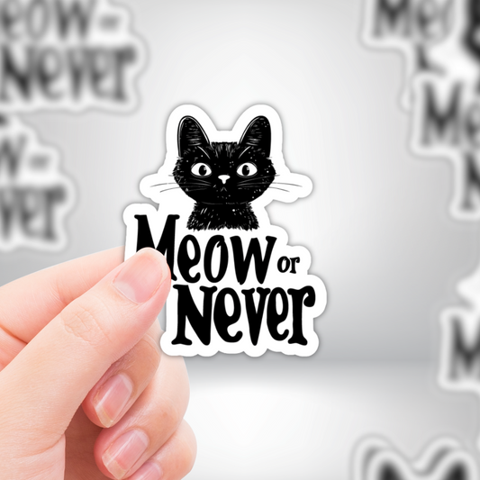 Cat "Meow or Never" Funny Kitty Black and White Sticker