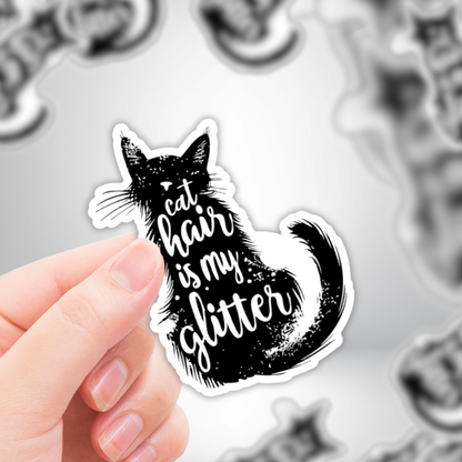 Black Cat Sticker "Cat Hair is My Glitter" Funny Cat Lover Decal in Black and White