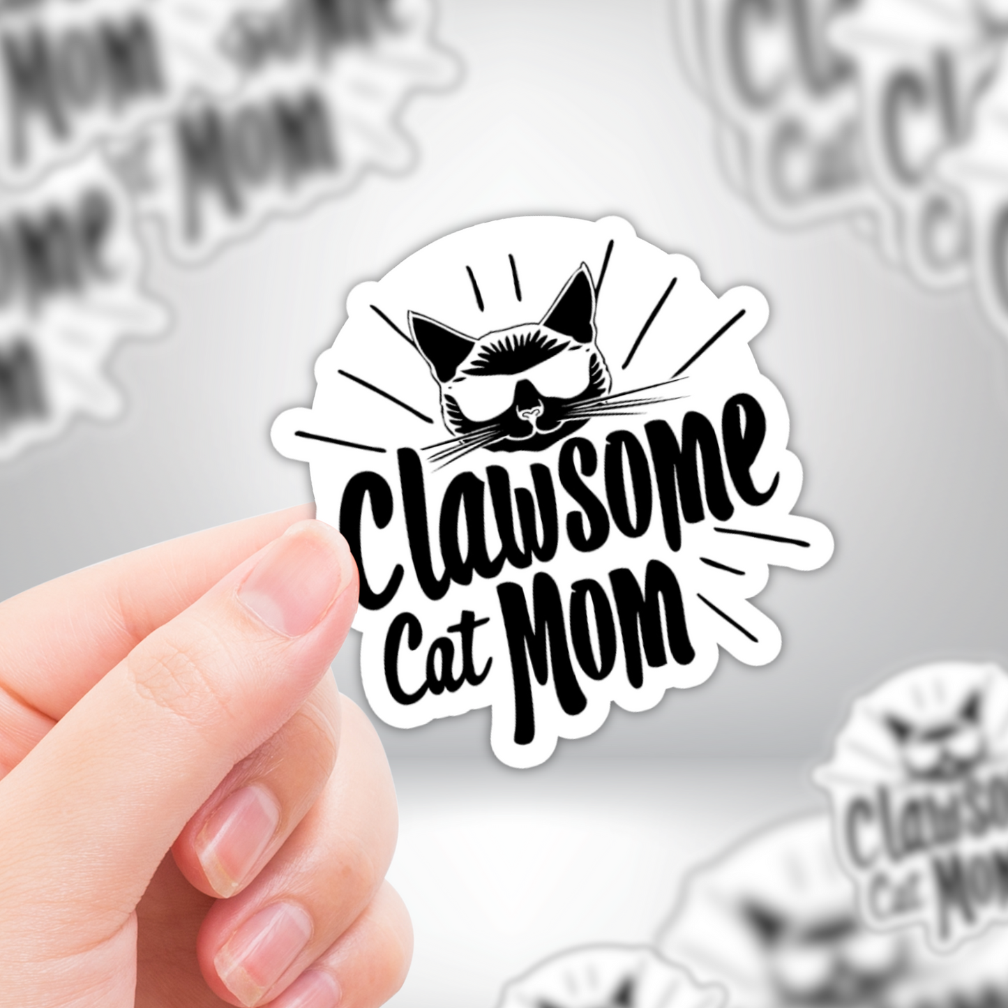 Cat Mom "Clawsome Cat Mom" Funny Black & White Sticker for Cat Moms