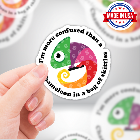 Funny Chameleon Sarcasm Die-Cut Vinyl Sticker - More Confused Than Chameleon in Bag of Skittles