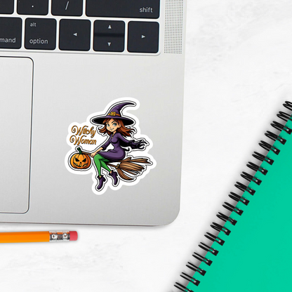 Witch Woman Halloween Sticker - Witch on A Broomstick Flying